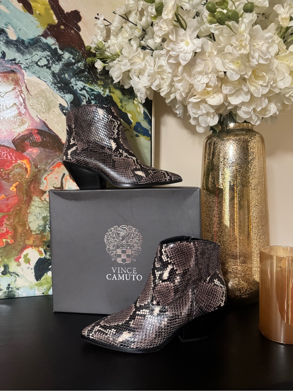 Vince Camuto Snake-Print Pointed Toe Ankle Boots in Taupe and Black (NIB)
